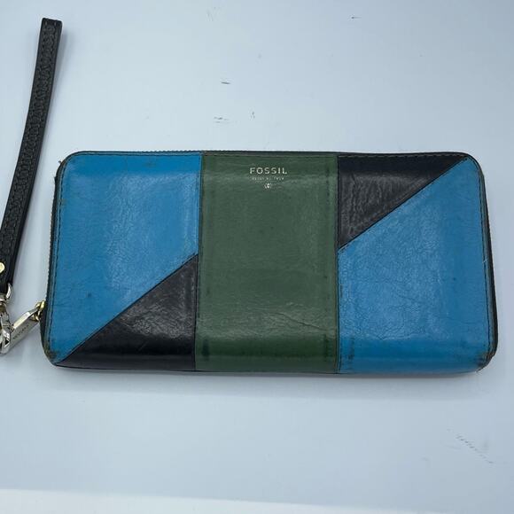 Fossil Green & Blue Patchwork Leather Full Zip Wallet - Picture 1 of 8
